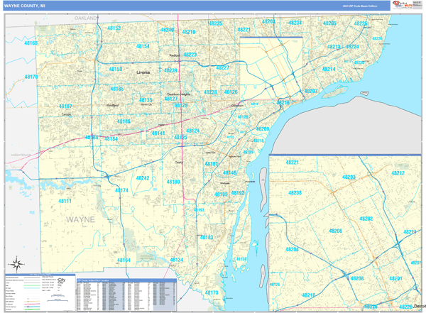 Wayne County MI Zip Code Wall Map Basic Style By MarketMAPS