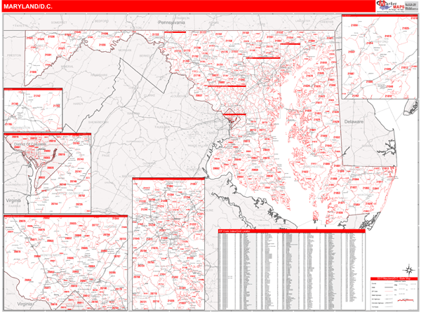 Washington County Md Zip Code Wall Map Red Line Style By Marketmaps