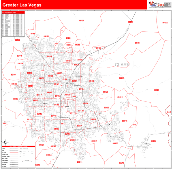 Greater Las Vegas Nv Metro Area Zip Code Wall Map Red Line Style By Marketmaps