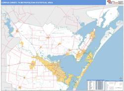 Corpus Christi, TX Metro Area Zip Code Wall Map Basic Style by MarketMAPS