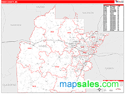 Hinds County, MS Zip Code Wall Map Red Line Style By MarketMAPS