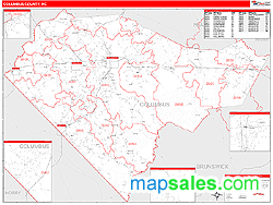 Columbus County, NC Zip Code Wall Map Red Line Style by MarketMAPS