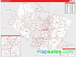 Travis County, TX Zip Code Wall Map Red Line Style by MarketMAPS