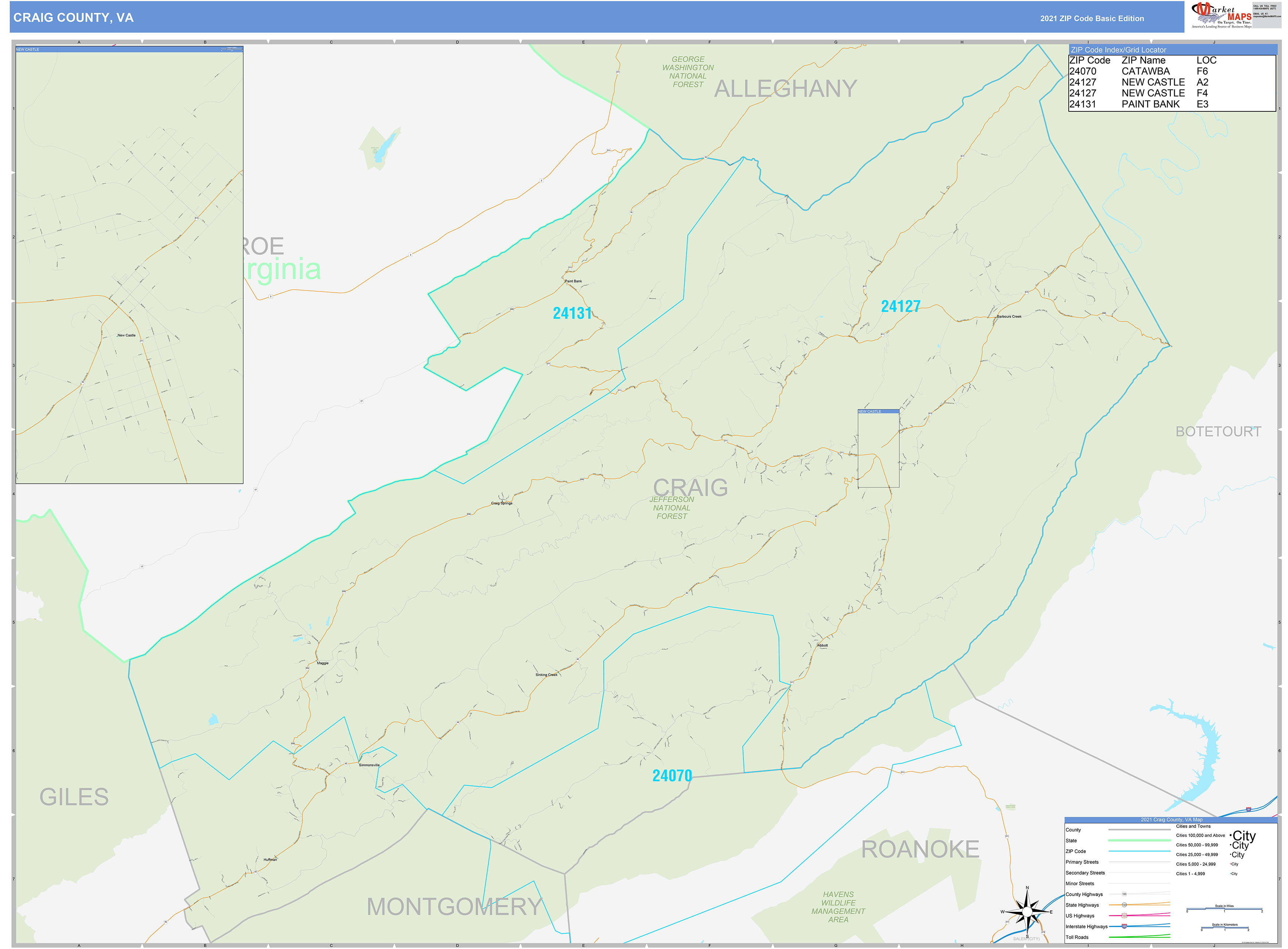 Craig County, VA Zip Code Wall Map Basic Style by MarketMAPS