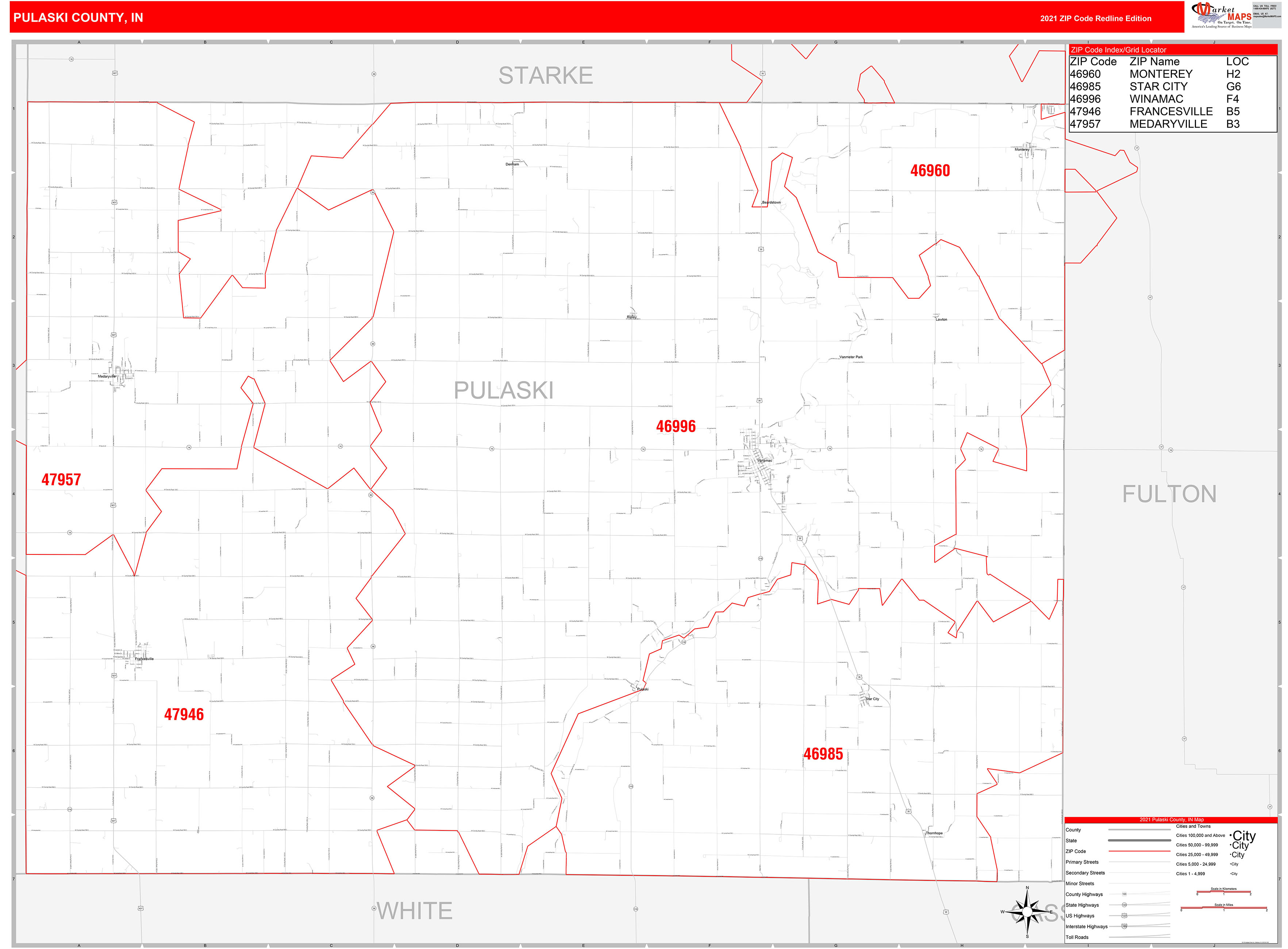 Pulaski County In Zip Code Wall Map Red Line Style By Marketmaps 7963