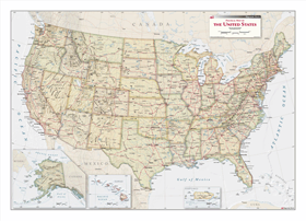 Political Wall Map of US with Antique Tones