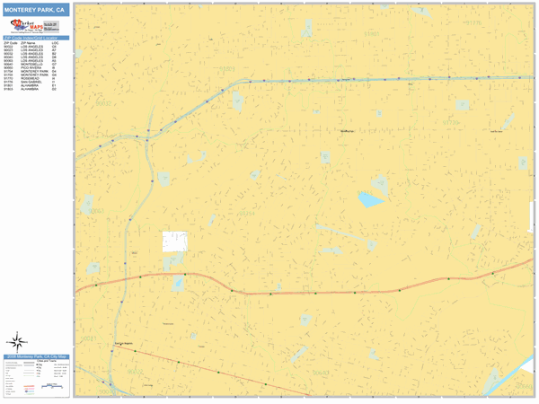 Monterey Park California Zip Code Wall Map Basic Style By Marketmaps