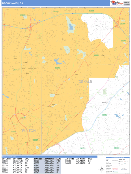 Brookhaven Georgia Zip Code Wall Map (Basic Style) by MarketMAPS