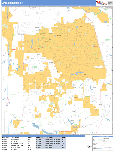 Warner Robins Zip Code Map Warner Robins Georgia Zip Code Wall Map (Basic Style) By Marketmaps -  Mapsales