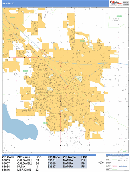 nampa-idaho-zip-code-wall-map-basic-style-by-marketmaps