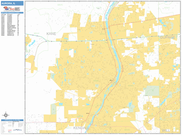 Aurora Illinois Zip Code Wall Map (Basic Style) by MarketMAPS