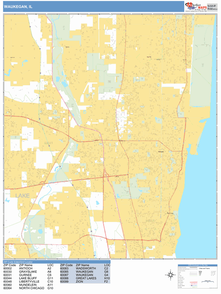 Waukegan Illinois Zip Code Wall Map (Basic Style) by MarketMAPS