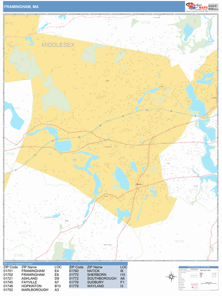 Framingham Ma Zip Code Map Framingham Massachusetts Zip Code Wall Map (Basic Style) By Marketmaps -  Mapsales