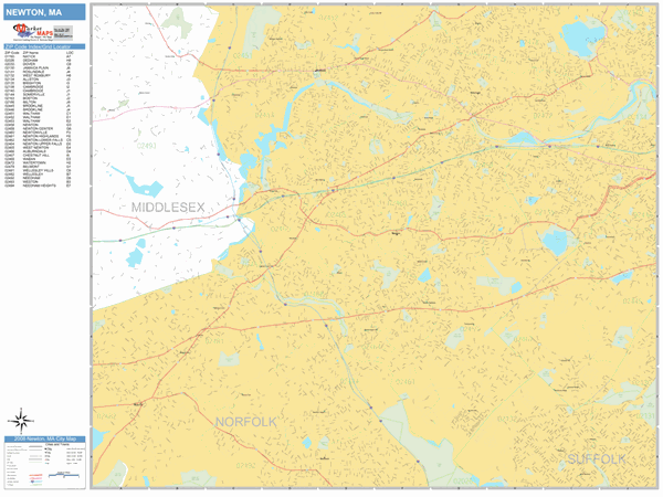 Newton Massachusetts Zip Code Wall Map Basic Style By Marketmaps 3946