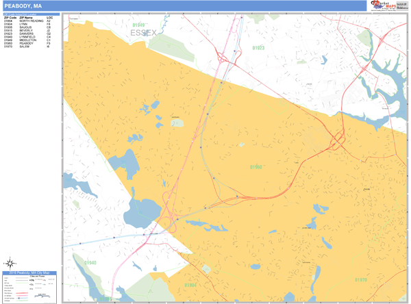 Peabody Massachusetts Wall Map (Basic Style) by MarketMAPS