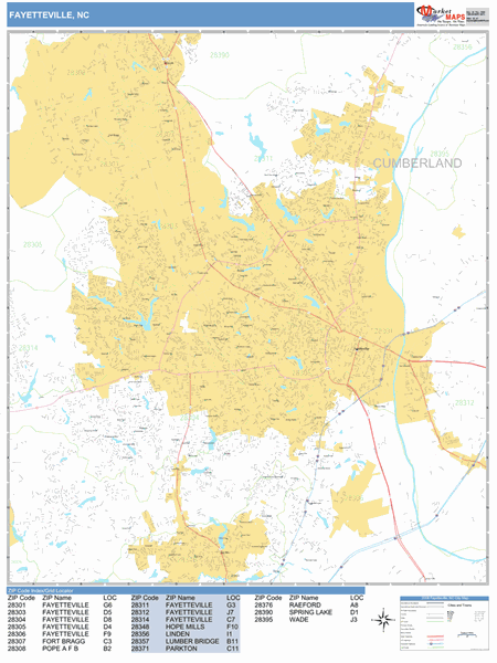 Fayetteville North Carolina Zip Code Wall Map (Basic Style) by MarketMAPS