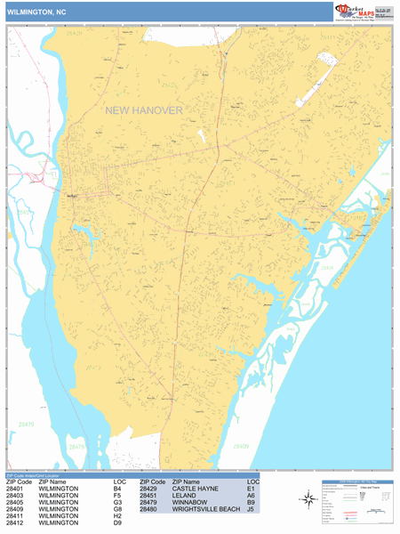 Wilmington North Carolina Zip Code Wall Map Basic Style