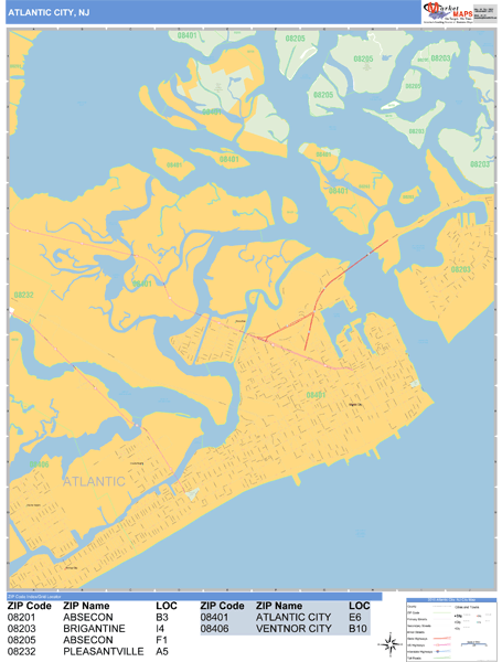 Atlantic City Zip Code Map Atlantic City New Jersey Zip Code Wall Map (Basic Style) by MarketMAPS