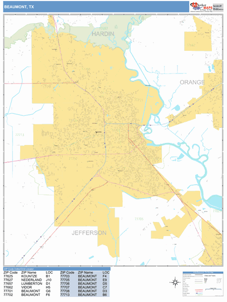 Beaumont Texas Zip Code Wall Map Basic Style By Marketmaps