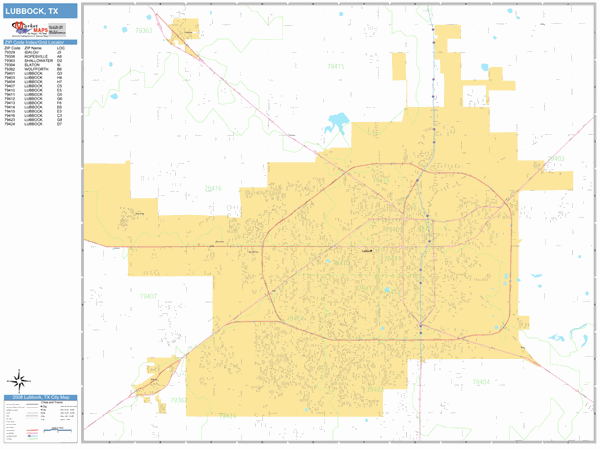 Lubbock Texas Zip Code Wall Map (Basic Style) by MarketMAPS