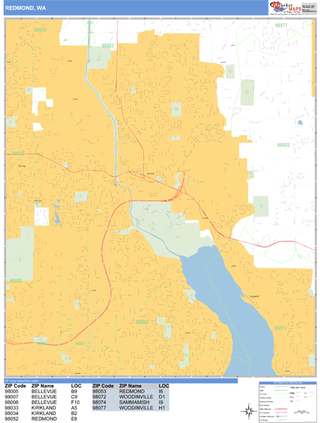 Redmond Washington Zip Code Wall Map (Basic Style) by MarketMAPS