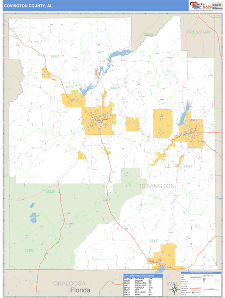 Covington County, AL Zip Code Wall Map Basic Style by MarketMAPS