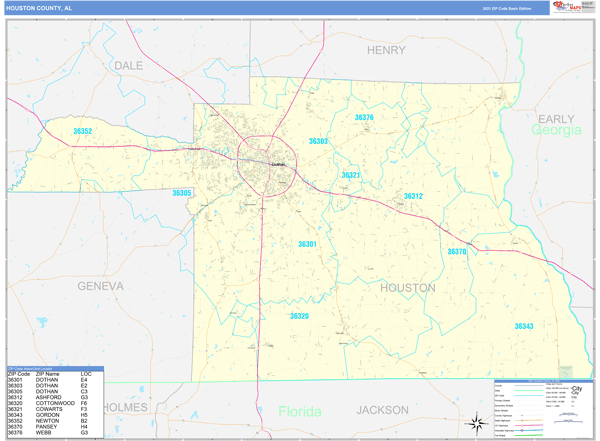 Houston County, AL Zip Code Wall Map Basic Style by MarketMAPS