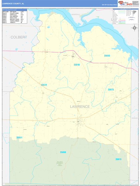 Lawrence County, AL Zip Code Wall Map Basic Style by MarketMAPS