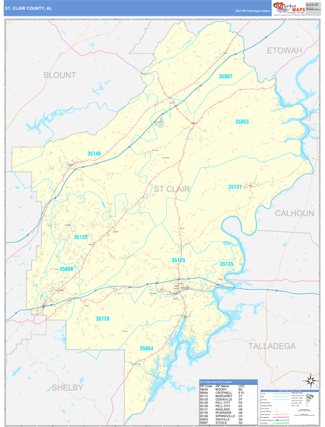 St. Clair County, AL Wall Map Basic Style by MarketMAPS