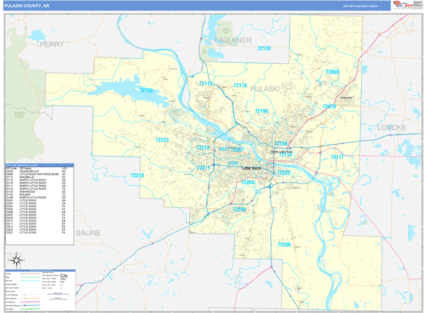 Pulaski County, AR Zip Code Wall Map Basic Style by MarketMAPS