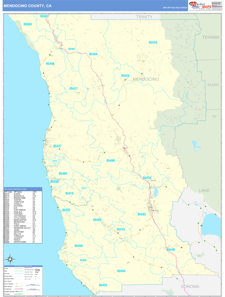 Mendocino County CA Zip Code Wall Map Basic Style By MarketMAPS   06045 