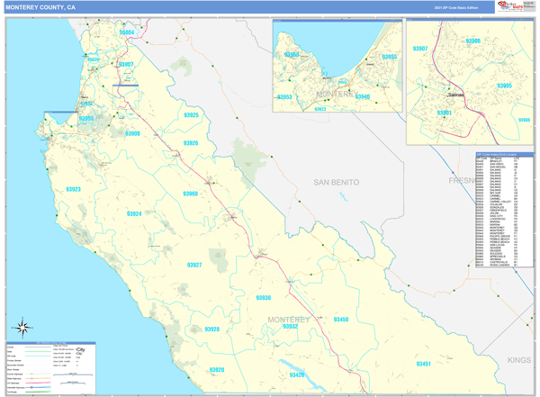 Monterey County CA Zip Code Wall Map Basic Style By MarketMAPS   06053 