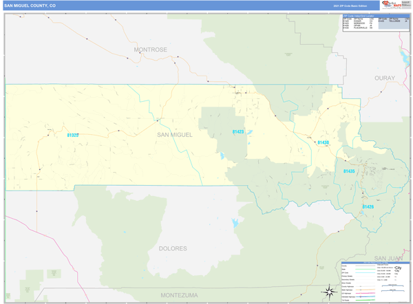 San Miguel County, CO Wall Map Basic Style by MarketMAPS