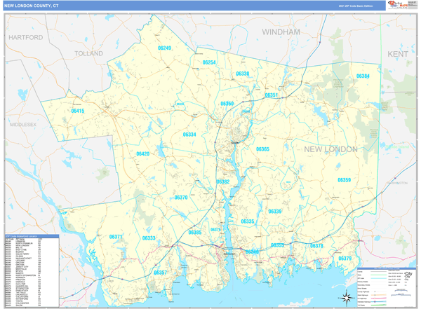 New London County, CT Zip Code Wall Map Basic Style by MarketMAPS