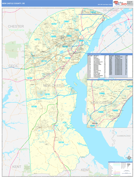 New Castle County De Zip Code Wall Map Basic Style By