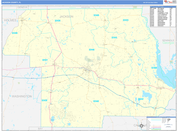 Jackson County, FL Zip Code Wall Map Basic Style by MarketMAPS