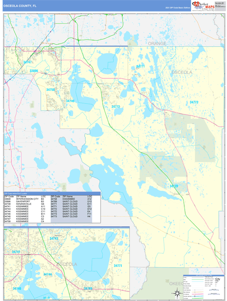 Osceola County, Fl Wall Map Basic Style By Marketmaps