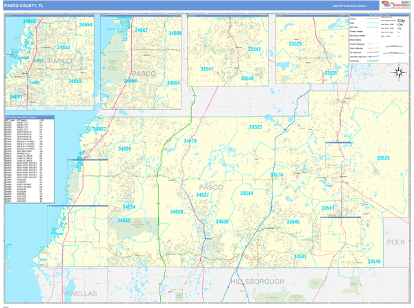 Pasco County FL Zip Code Wall Map Basic Style By MarketMAPS