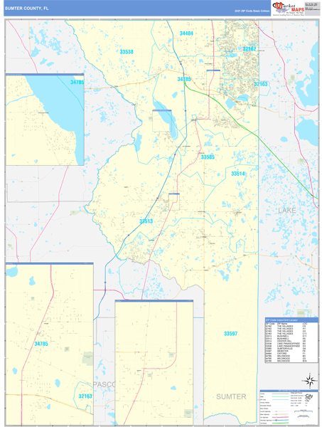 Sumter County, FL Zip Code Wall Map Basic Style by MarketMAPS