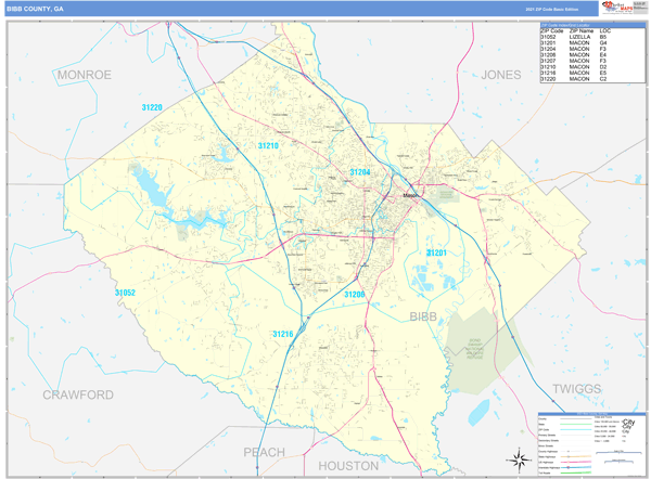 Bibb County, GA Zip Code Wall Map Basic Style by MarketMAPS