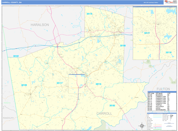 Carroll County, GA Wall Map Basic Style by MarketMAPS