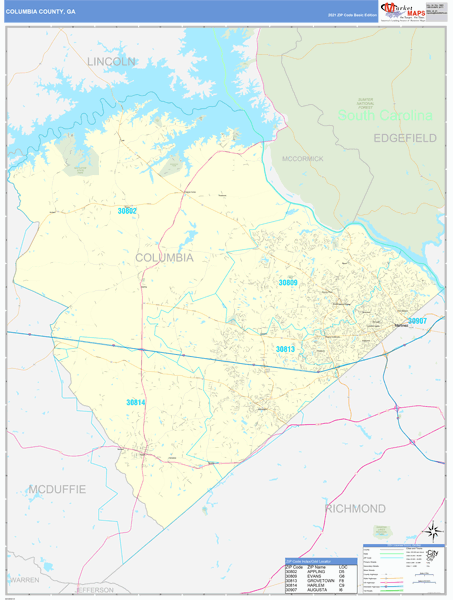 Columbia County, GA Wall Map Basic Style by MarketMAPS