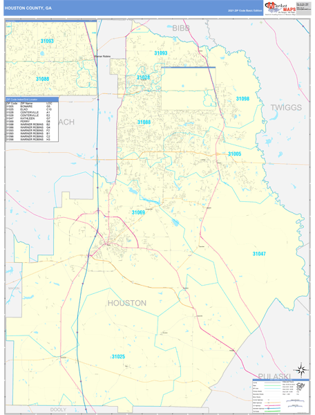 Houston County, GA Zip Code Wall Map Basic Style by MarketMAPS