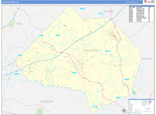 Jackson County, GA Zip Code Wall Map Basic Style by MarketMAPS