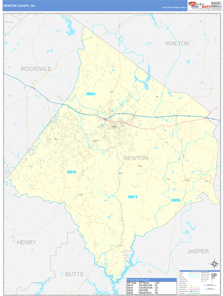 Newton Zip Code Map Newton County, Ga Carrier Route Wall Map Basic Style By Marketmaps -  Mapsales.com