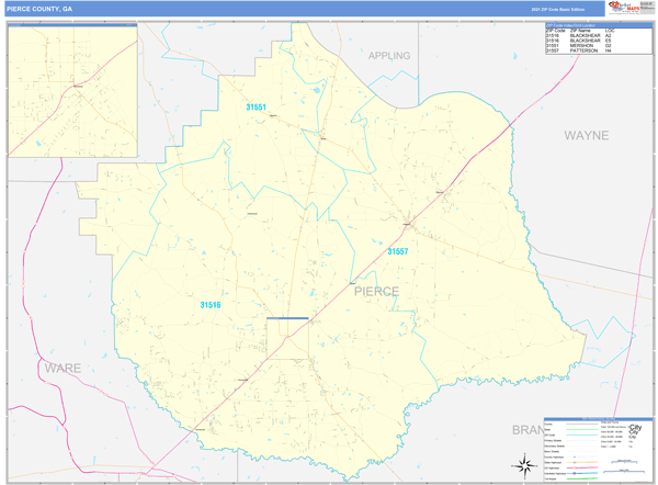 Pierce County, GA Zip Code Wall Map Basic Style by MarketMAPS