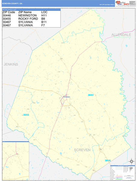 Screven County, GA Wall Map Basic Style by MarketMAPS