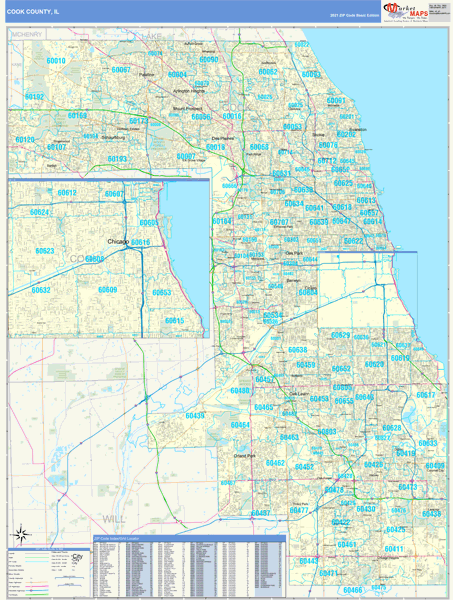 Cook County Il Zip Code Wall Map Basic Style By Marketmaps