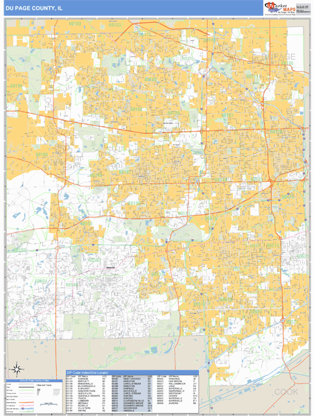 DuPage County, IL Zip Code Wall Map Basic Style by MarketMAPS