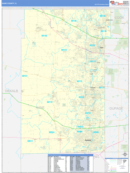 Kane County, IL Zip Code Wall Map Basic Style by MarketMAPS